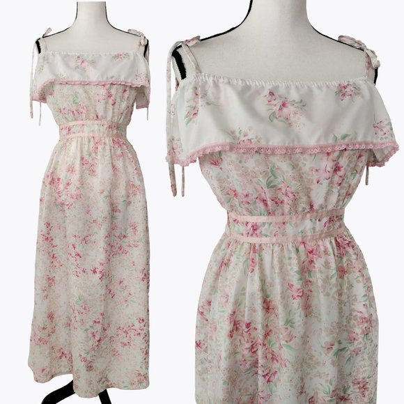 Vintage 1970s White and Pink Floral Column Maxi Dress Size XXS - Picture 1 of 14